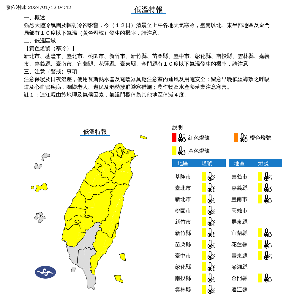 ▲▼低溫特報。（圖／中央氣象署）