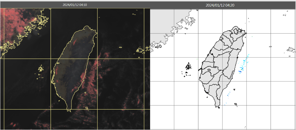 ▲▼今(12日)晨4：10真實色雲圖顯示，各地晴朗無雲(左圖)。4：20雷達回波合成圖顯示，各地無降水回波(右圖)。（圖／三立準氣象.老大洩天機）