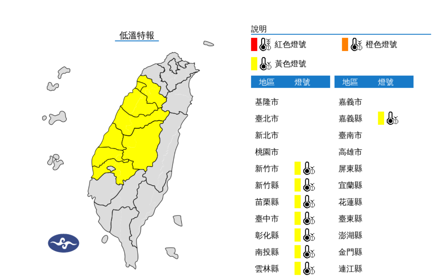 ▲▼8縣市低溫特報。（圖／氣象署）