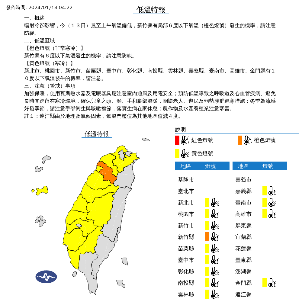 ▲▼低溫特報。（圖／中央氣象署）