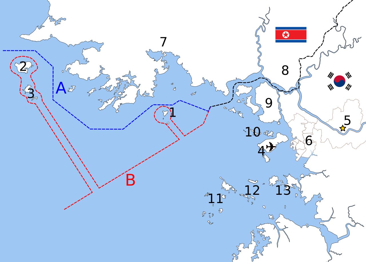 ▲▼藍線（A）為北方分界線、紅線（B）則為北韓政府1999年宣布的南方警戒線。1為延坪島、2為白翎島、3為大小青島、4為仁川機場所在的永宗島。（圖／翻攝自維基百科）