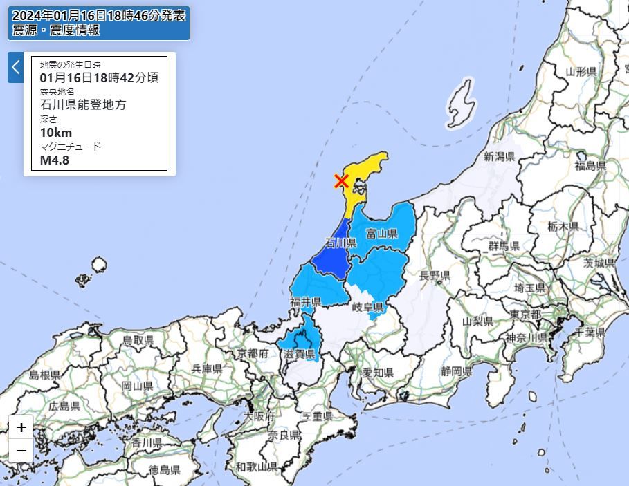 ▲▼ 快訊／日本石川縣能登又地震！　最大震度5弱。（圖／日本氣象廳）