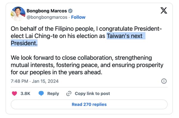 ▲▼菲律賓總統小馬可仕（Ferdinand Marcos Jr.）祝賀賴清德當選「台灣總統」。（圖／翻攝X）