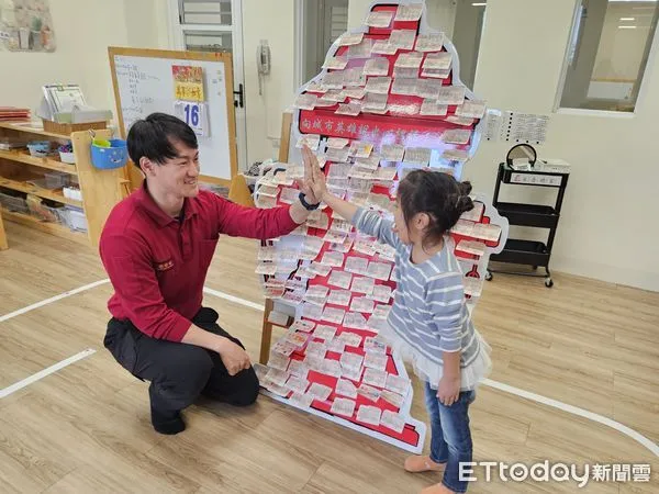 ▲台南市消防局新市消防隊，前進南科樂芙幼兒園進行宣導，邀請小朋友參與消防局「向城市英雄說出心裡話」活動。（圖／記者林東良翻攝，下同）