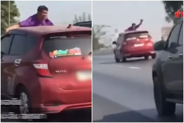 ▲▼泰國男子為了阻止妻子，不顧生命趴在車頂上。（圖／翻攝自YouTube）