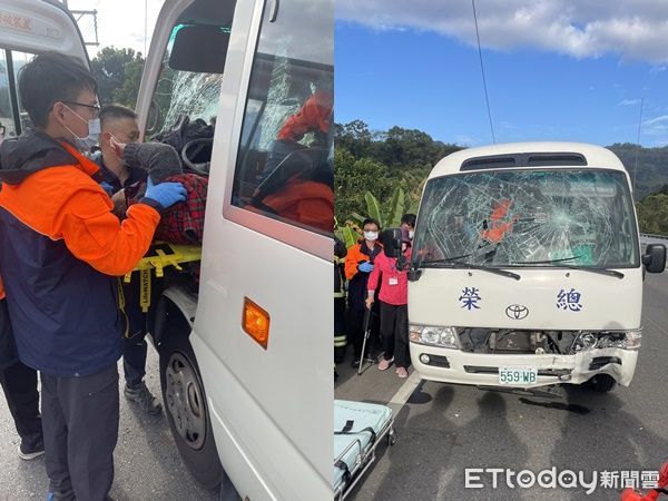 ▲▼埔榮醫院小巴士自撞「車體變形」2女卡車內受困　共7人送醫。（圖／記者高堂堯翻攝）