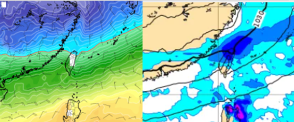 ▲▼最新(19日20時)歐洲(ECMWF)模式模擬23日8時850百帕圖顯示(左圖)，平地最低氣溫可降至5度左右；模擬23日8時地面氣壓及降水圖顯示(右圖)，中部以北及東半部有局部雨。（圖／三立準氣象.老大洩天機）