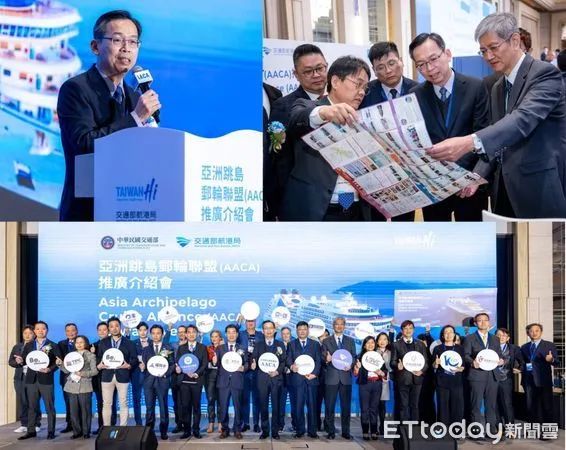 ▲左上圖交通部新任次長林國顯致詞；右上圖右起航港局長葉協隆、務長林國顯等攤位巡禮；下圖與會各國貴賓大合照。（圖／航港局提供）