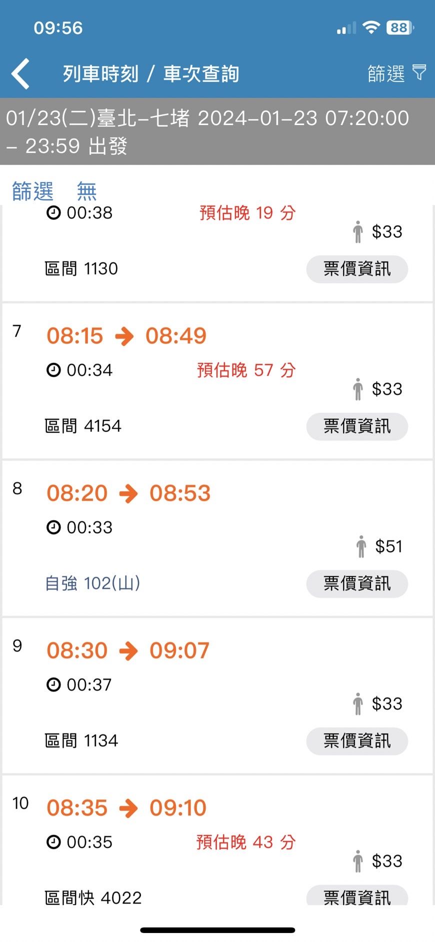 ▲▼台北往七堵方向幾乎是班班誤點，甚至有列車誤點長達51分鐘。（圖／翻攝自台鐵e訂通）
