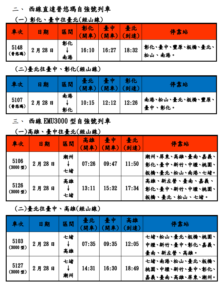 ▲▼台鐵228疏運加班車時刻表。（圖／台鐵）