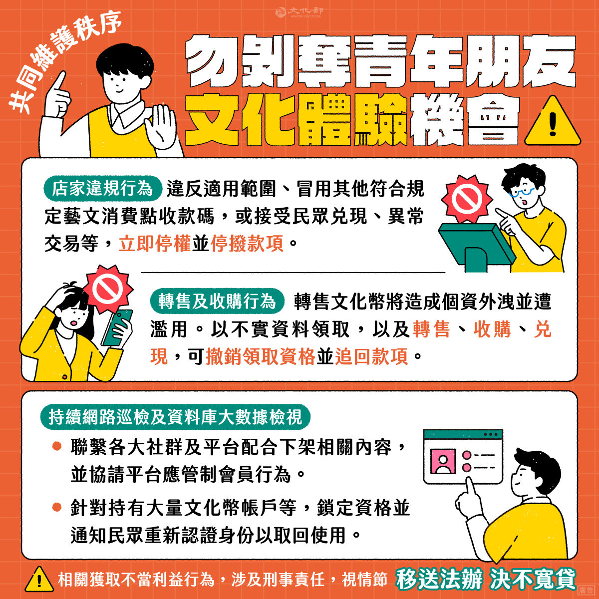 ▲▼文化部呼籲個人及店家，違規使用文化幣恐觸法，將視情節移送法辦。（圖／文化部）