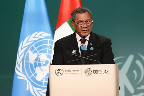 ▲▼吐瓦魯總理拿塔諾（Kausea Natano）2023年12月2日在聯合國COP28氣候峰會上發表演說。（圖／達志影像／美聯社）