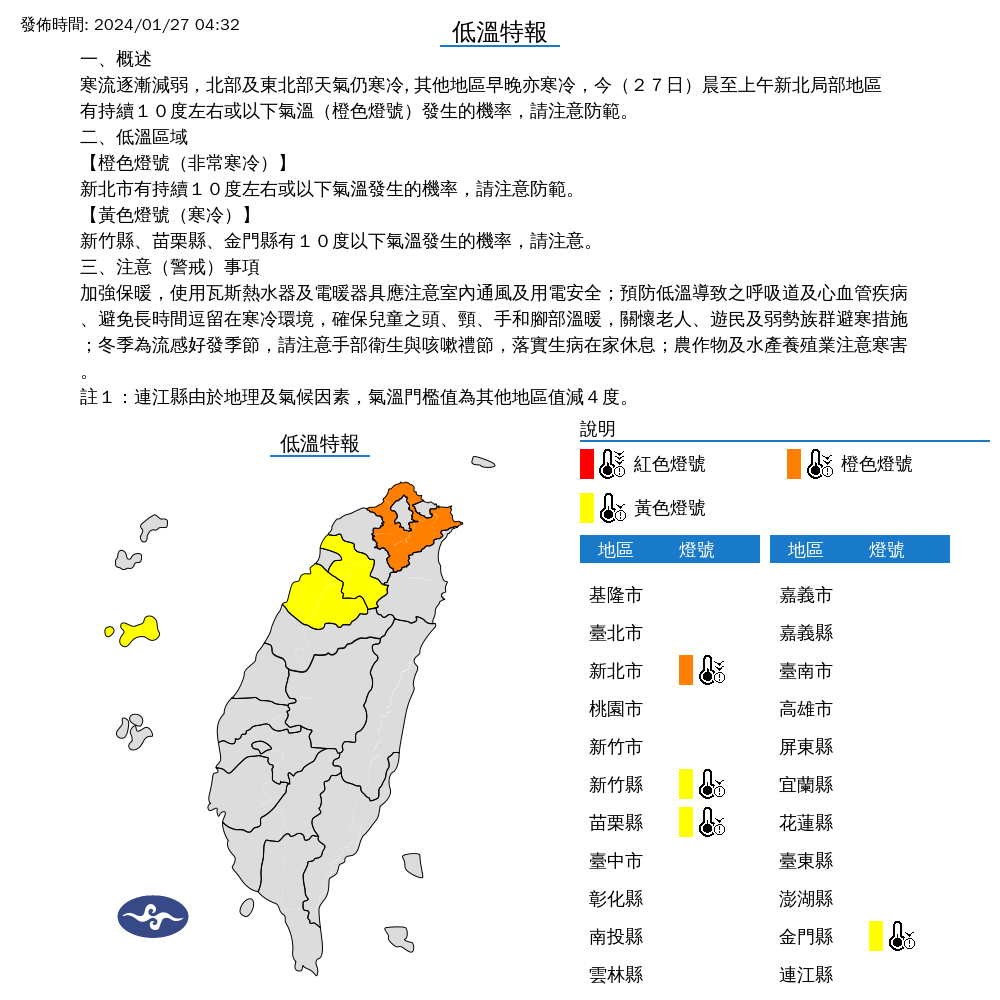 ▲▼低溫特報。（圖／中央氣象署）