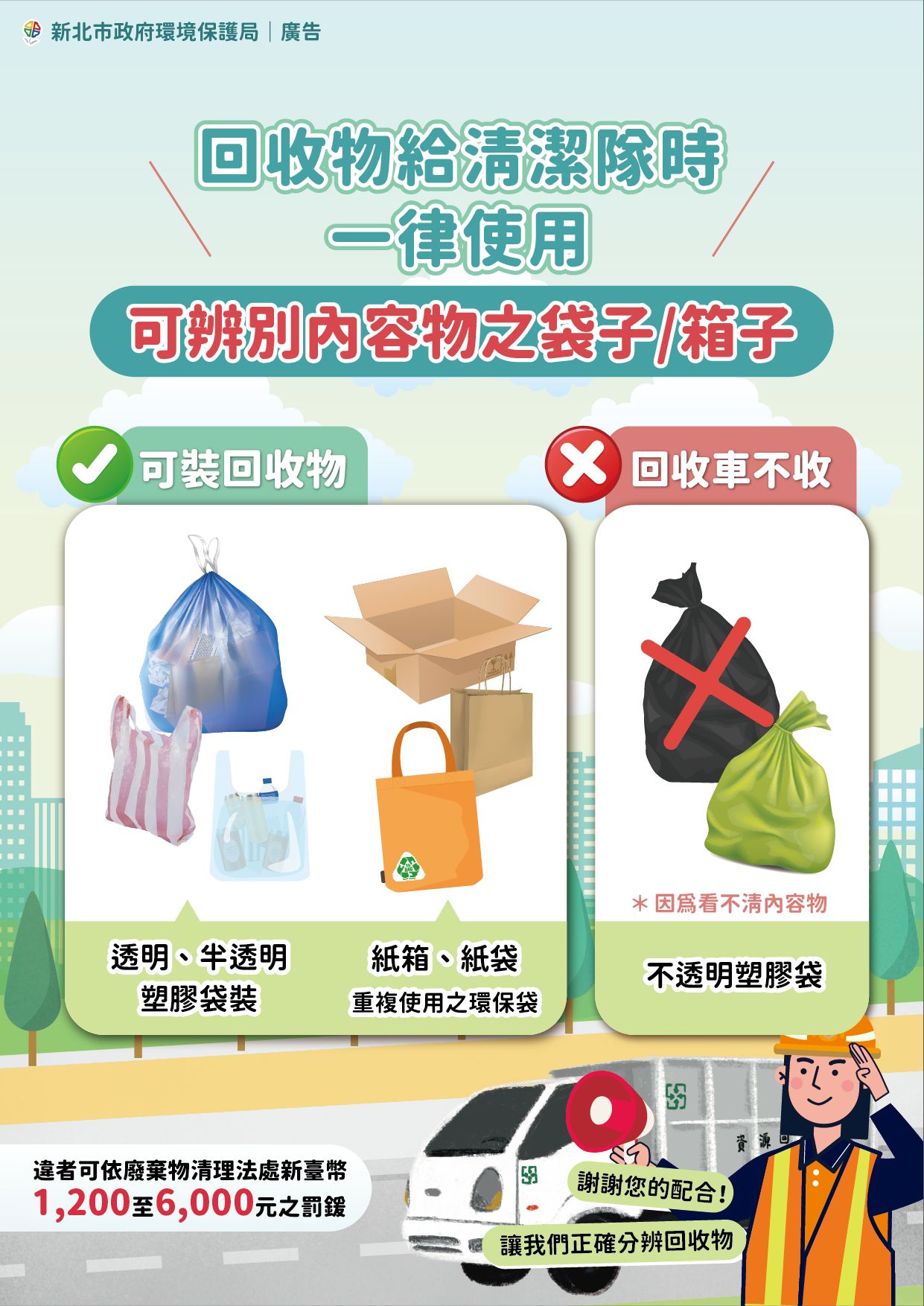 ▲▼新北回收新規4月上路！7類要單獨放、裝袋透明　違者最重罰6000元。（圖／環保局）