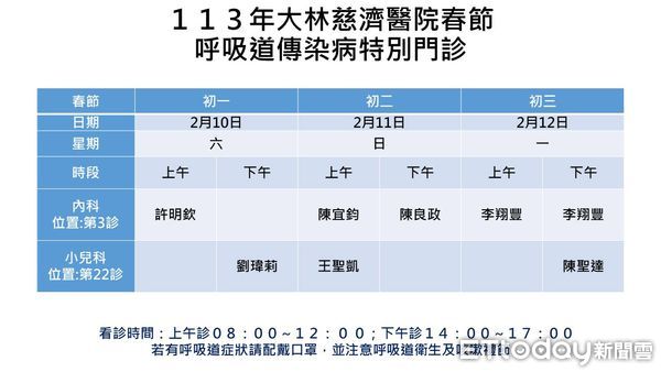 ▲▼    大林慈濟醫院春節門診時間   。（圖／大林慈濟醫院提供）