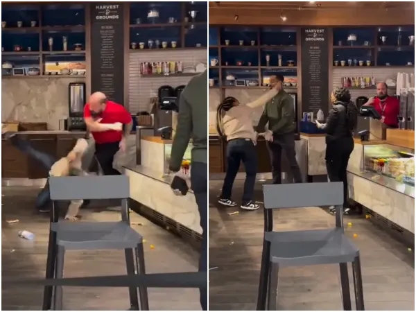 ▲▼美國亞特蘭大機場一家咖啡廳的女店員愛莉（Shacoria Elly）跨越飲料吧台毆打同事，畫面在網路上流傳。（圖／翻攝自YouTube）