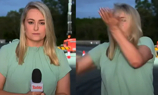 直播一半蚊子停臉上　女記者意外「重賞自己一巴掌」爆笑畫面曝。（圖／翻攝自YouTube／TODAY）