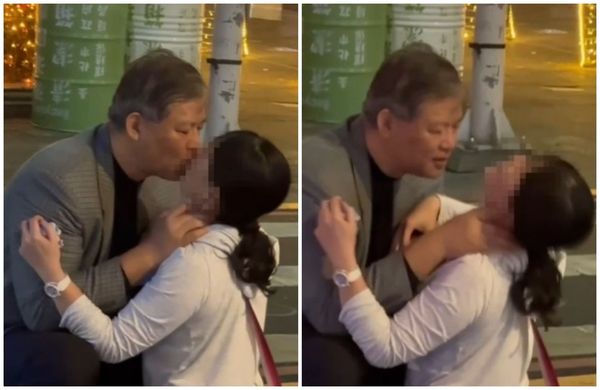 國安局特勤中心謝靜華少將，近日酒後在路邊強吻戴著口罩的馬尾妹。（翻攝影片）