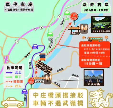 ▲春節免費接駁專車，大溪橋頭停車場-中庄調整池2/11-14營運