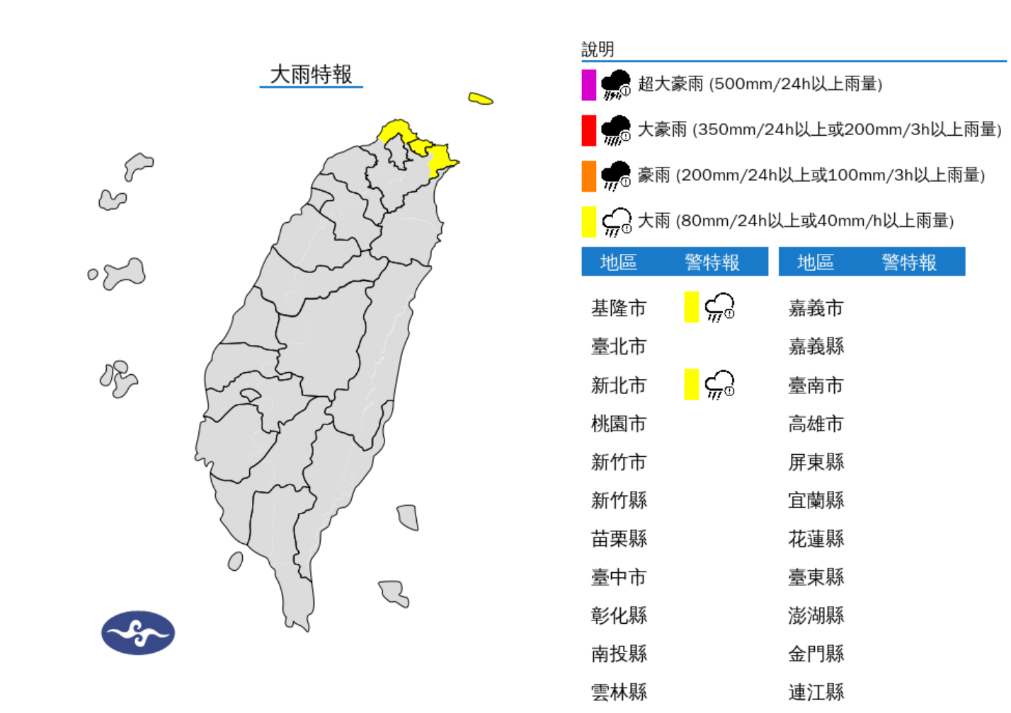 ▲▼基隆北海岸大雨特報。（圖／氣象署）