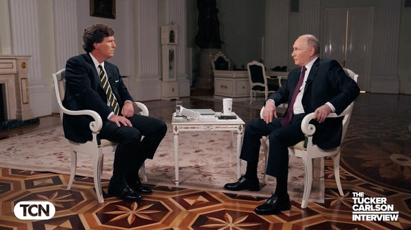 ▲▼俄羅斯總統普丁（Vladimir Putin）接受前福斯新聞（Fox News）主播卡爾森（Tucker Carlson）的採訪。（圖／路透）