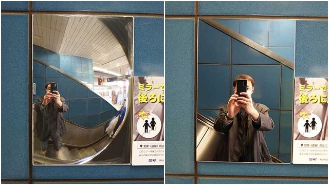 ▲▼埼玉高速鐵道在車站手扶梯牆面，設置視野更廣的光學鏡（左），更能清楚照映後方。（圖／翻攝自埼玉高速鐵道）