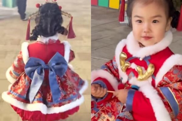 ▲奶奶用舊衣服為孫女縫製洋裝。（圖／翻攝自微博）