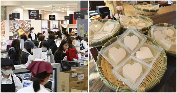東京百貨的情人節巧克力銷售區擠滿人潮，京都商家推心形豆腐。（圖／達志／美聯社）