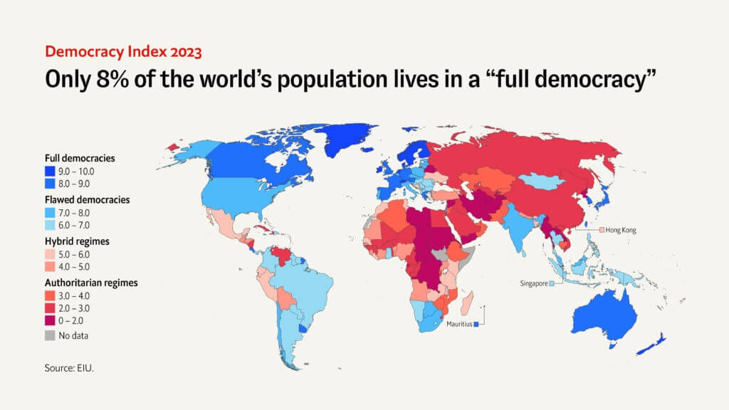 ▲▼ 經濟學人資訊社（EIU）今天發布2023民主指數（Democracy Index）。（圖／取自EIU）