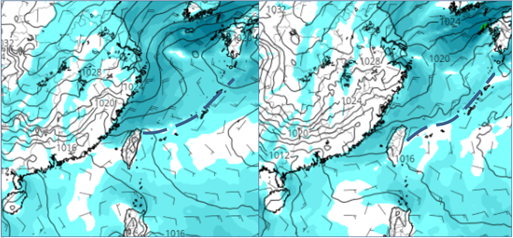 ▲▼最新(16日20時)歐洲(ECMWF)及美國(GFS)模式，22日20時地面氣壓及風場模擬圖顯示，下週四(22日)下午(右圖)或晚間(左圖)微弱鋒面掠過、東北季風逐漸南下。。（圖／翻攝三立準氣象.老大洩天機）