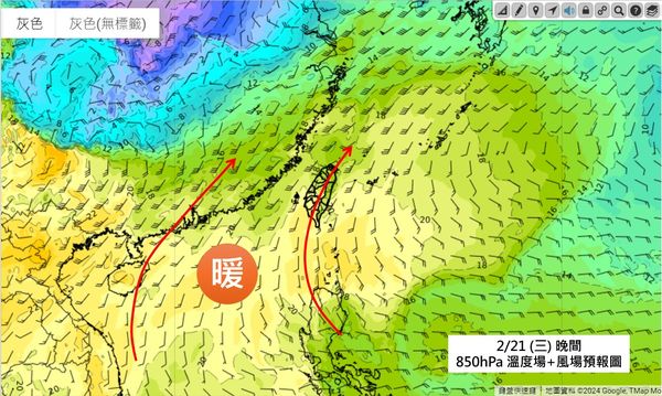 ▲▼南風增強，風向直接穿越南方暖區而來，暖平流最明顯時間在下周三。（圖／吳聖宇）