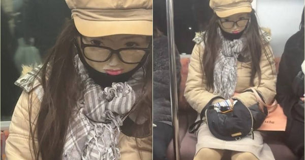 日本地鐵出現都市傳說怪人，打扮成金童玉女的人坐在地鐵上。（圖／翻攝自推特）