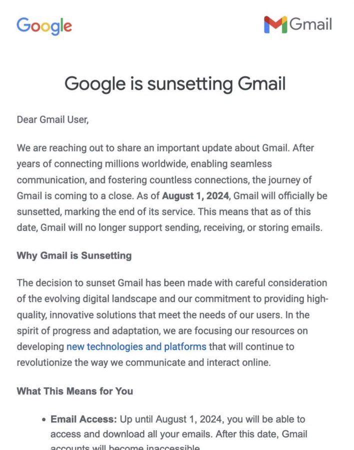▲▼網路流傳Gmail即將停止服務的假文件。（圖／翻攝X平台）