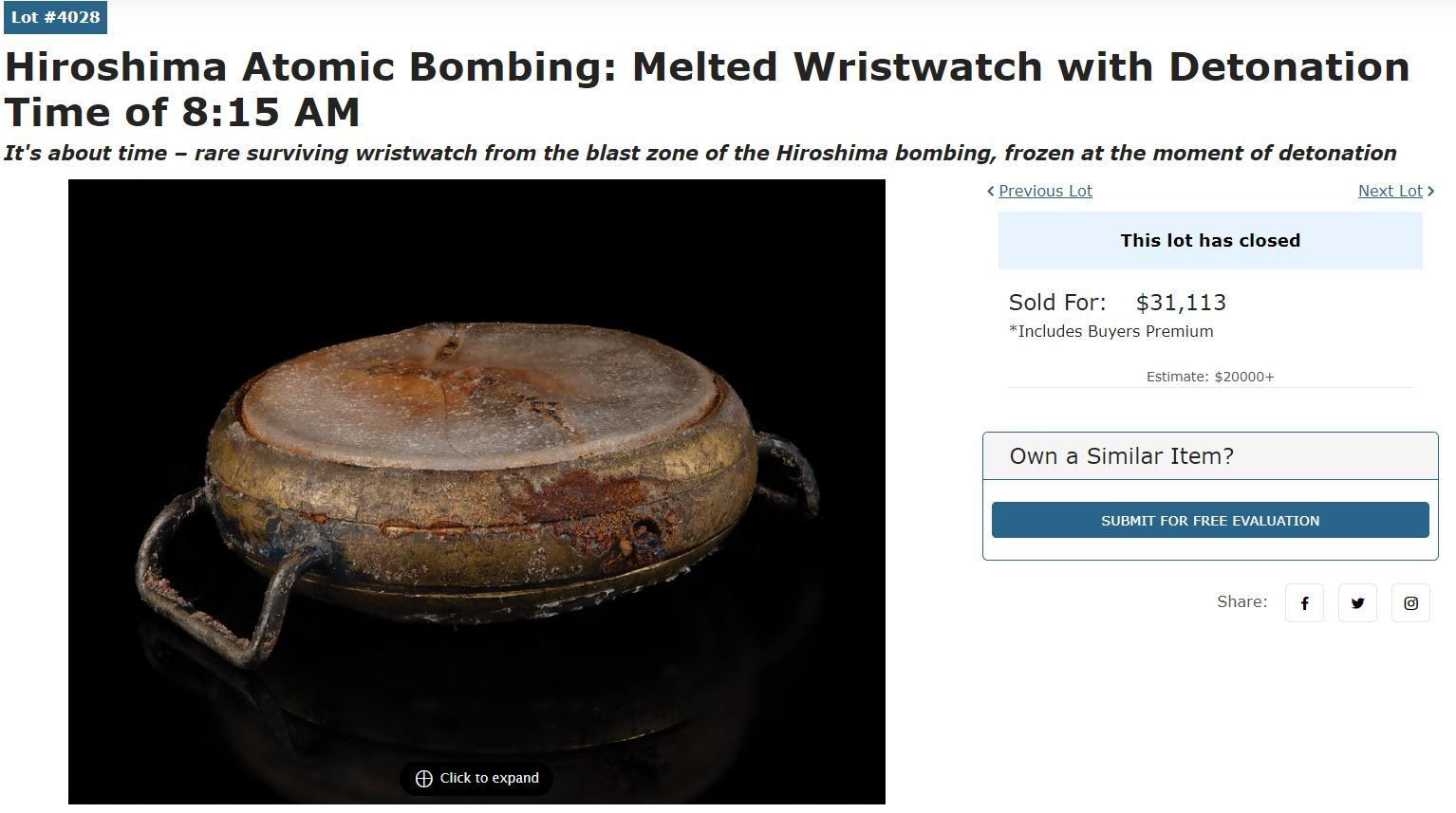 ▲▼美國波士頓RR拍賣行（RR Auction）成交一支被廣島原子彈炸過的手錶。（圖／翻攝自rrauction.com）