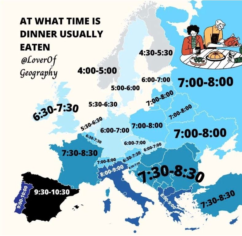 ▲▼歐洲各國吃晚餐時間。（圖／翻攝自reddit）