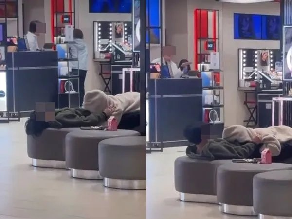 ▲▼年輕男女百貨公司公開交疊　櫃姐超興奮：吹起來寶貝。（圖／翻攝爆廢公社）