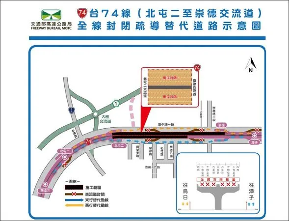 ▲▼配合國1銜接工程，台74線崇德北屯今天、明天晚上雙向封閉。（圖／高公局提供，下同）