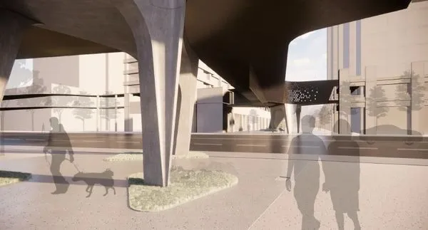 ▲空橋如需落柱則以「下窄上寬」型式為主。（圖／新竹市政府提供）