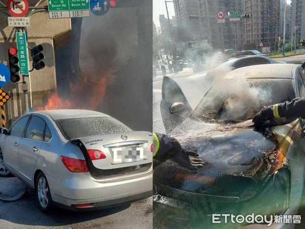 ▲▼淡水車輛自撞後火燒車             。（圖／記者戴上容翻攝）