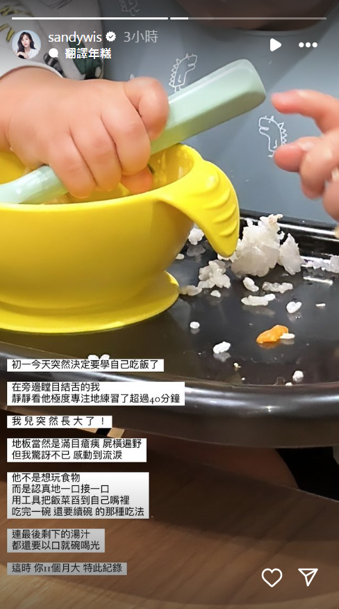 ▲▼Sandy兒子11個月大學會自己吃飯　她感動流淚：突然長大了。（圖／翻攝自Instagram／sandywis）