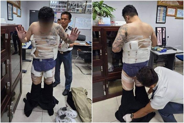 ▲▼ 台灣一名男子把5公斤毒品綁在身上，企圖運毒出境，被柬埔寨警方逮捕。（圖／翻攝自柬中時報）