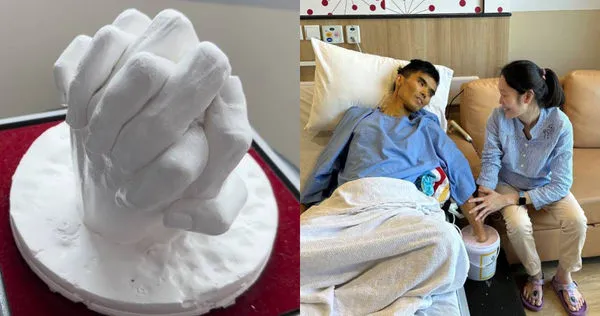 新加坡男子罹患肝癌末期，臨終前與妻子做了手模，希望送給兒子當作禮物。（合併圖／翻攝臉書／Assisi Hospice）