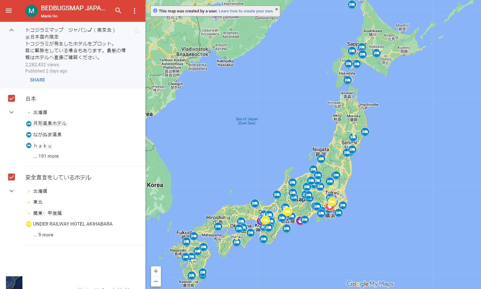 ▲▼日本網友繪製「日本床蝨地圖」，標示疑似出現床蝨災情的飯店。（圖／翻攝自Google Map）