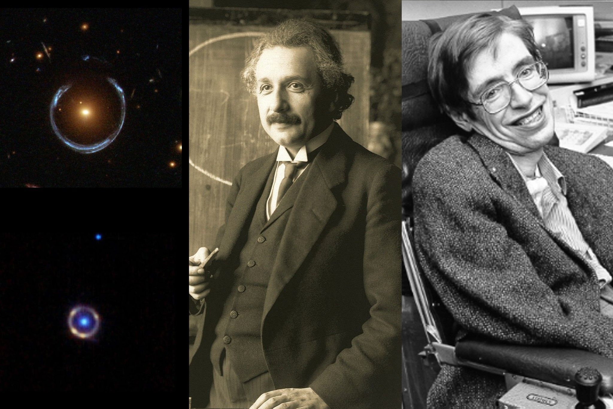 ▲愛因斯坦（中）生日與霍金（右）逝世均在圓周率日。呈現圓形的愛因斯坦環影像由哈伯望遠鏡（左上）和韋伯望遠鏡（右下）拍攝。（圖／天文館提供）