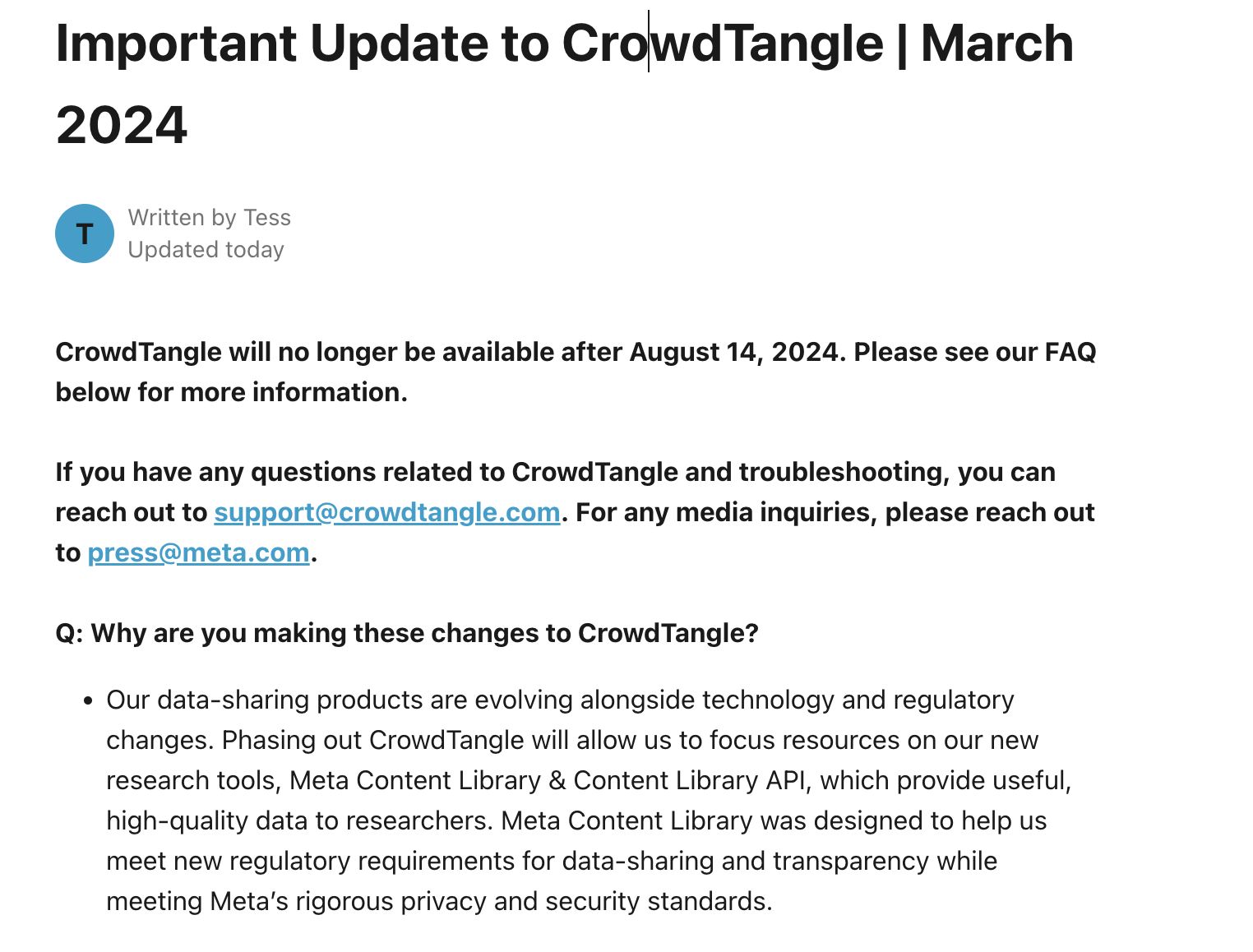 ▲社群洞察工具CrowdTangle將在今年8月中旬結束服務  。（圖／CrowdTangle公告）