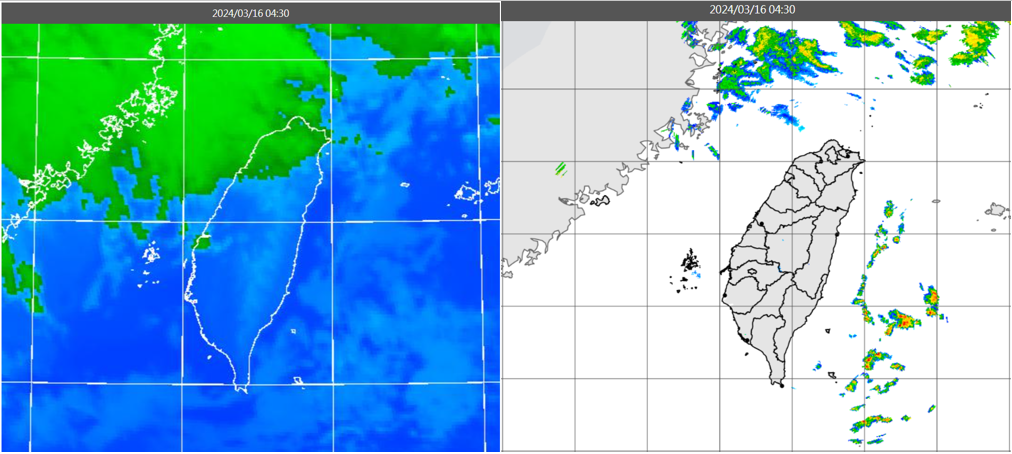 ▲▼今(16日)晨4：30紅外線色調強化雲圖顯示，中層雲在北部海面及海峽北部(左圖)。4：30雷達回波合成圖亦顯示，台灣上空無降水回波(右圖)。（圖／三立準氣象.老大洩天機）
