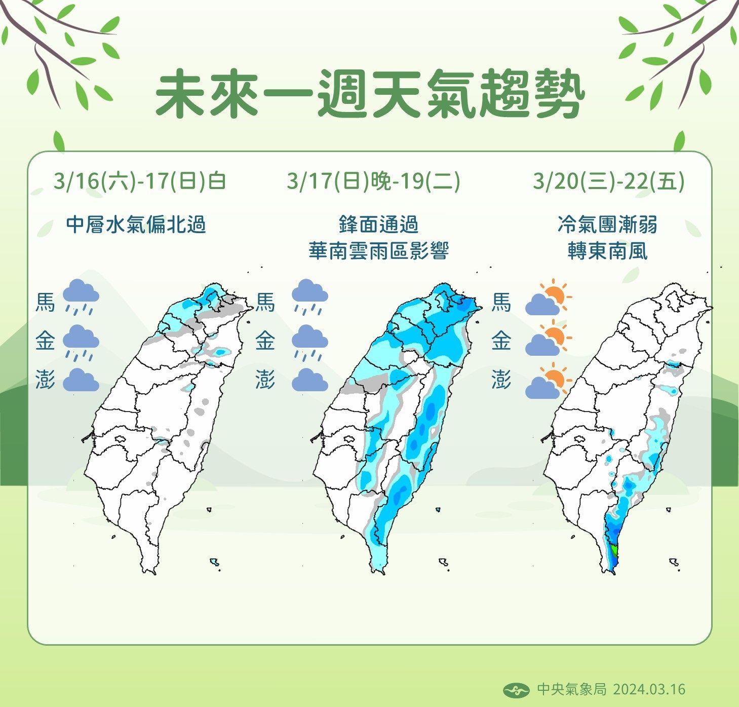 ▲中央氣象署表示，今明兩天回暖，下周隨大陸冷氣團南下與水氣增多，將明顯轉涼。（圖／氣象署提供）