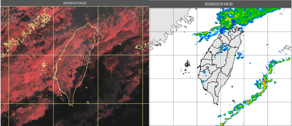 ▲▼今(19日)晨4：20真實色雲圖顯示，台灣上空台灣雲層增多(左圖)。4：30雷達回波合成圖亦顯示，陸地上有降水回波消長(右圖)。（圖／三立準氣象.老大洩天機）