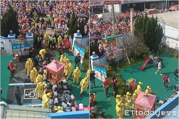 ▲▼白沙屯媽祖走進台中大甲「小哈佛」幼兒園，幼童鑽轎腳祈福。（圖／白沙屯拱天宮提供）