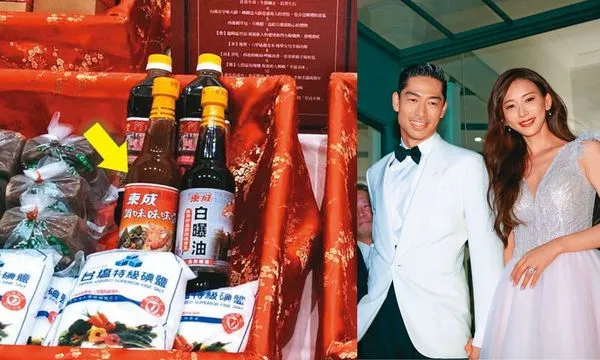 林志玲（右圖）2019年與日籍丈夫在台南舉辦婚禮，台南市政府為林志玲準備的嫁妝中包括東成醬油（左圖箭頭處），讓東城一炮而紅。（右為本刊資料照，左為台南市政府提供）